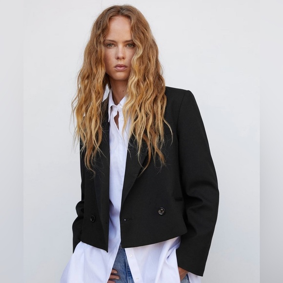 Mango Short Double-Breasted Blazer In Black Size L NWOT - Picture 2 of 14